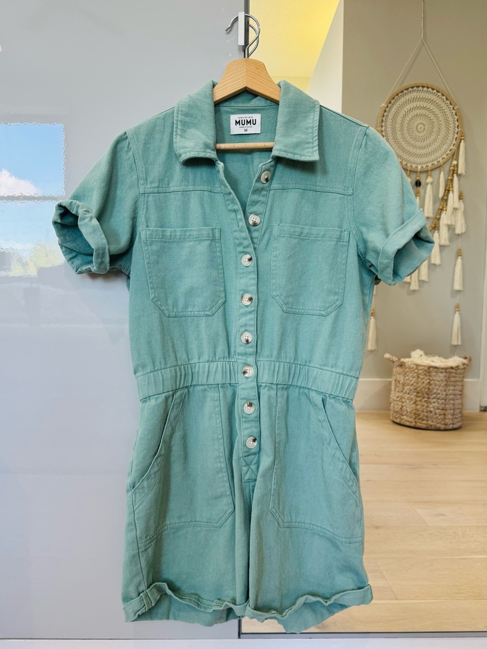 Show Me Your Mumu "Cannon Romper" in Mint Denim - Women's Size Medium (M)